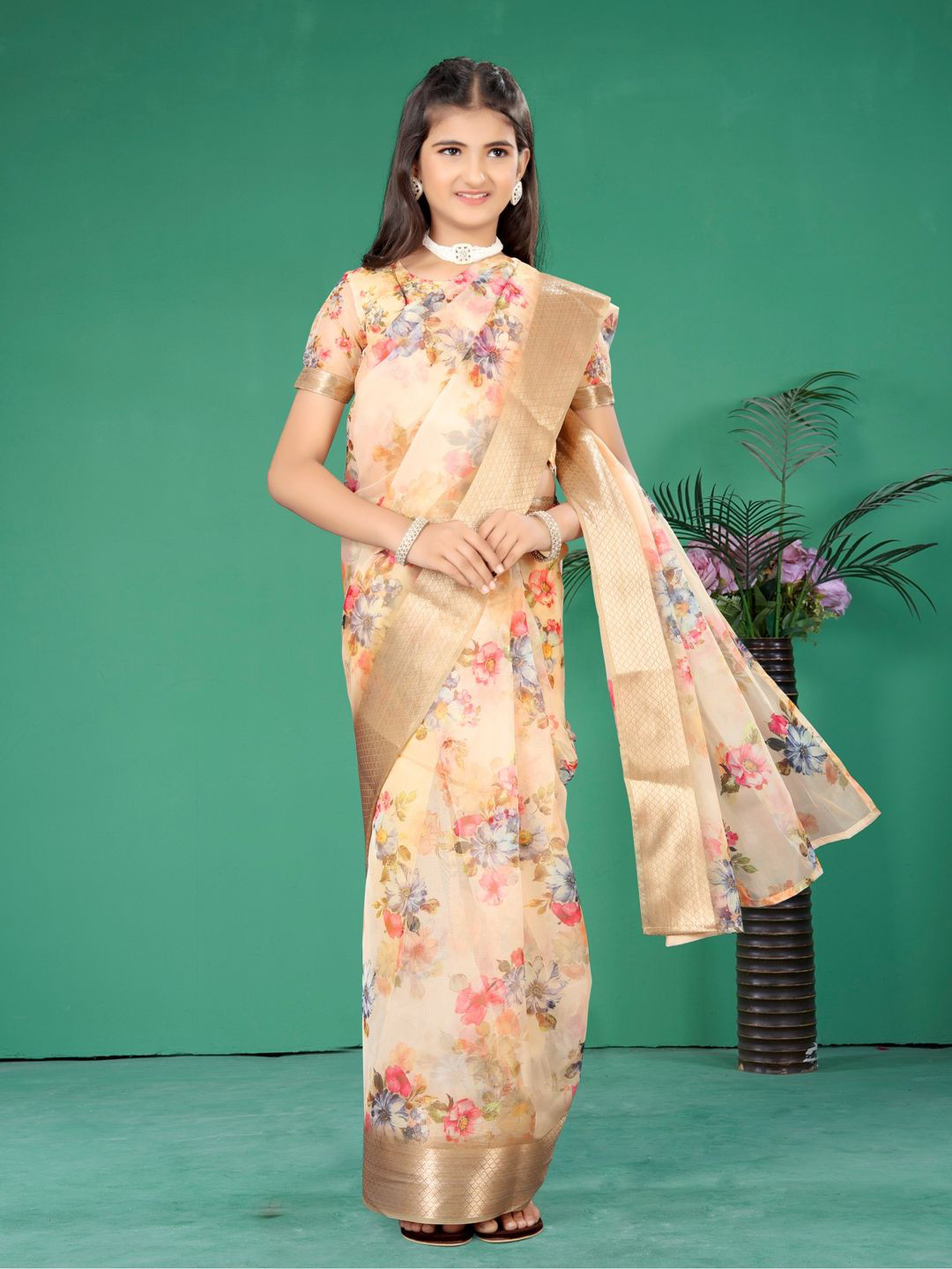 BAESD Zari Woven Ready to Wear Floral Saree for Girls