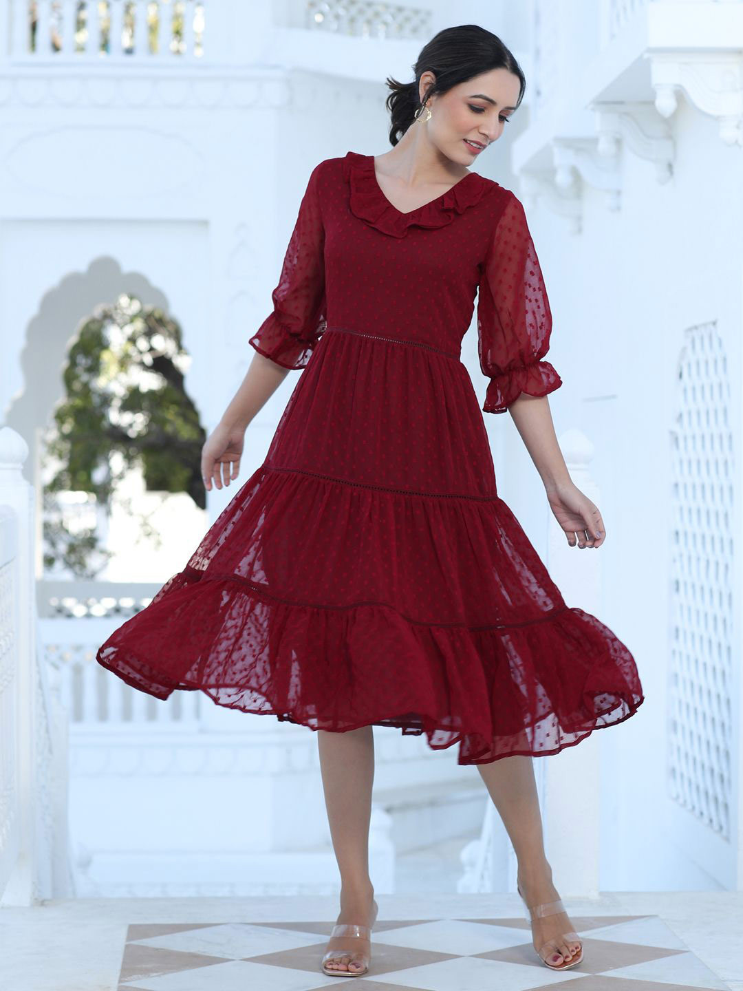 Jaipur Kurti Women Self Design  Bell Sleeve Fit & Flare Midi Dress