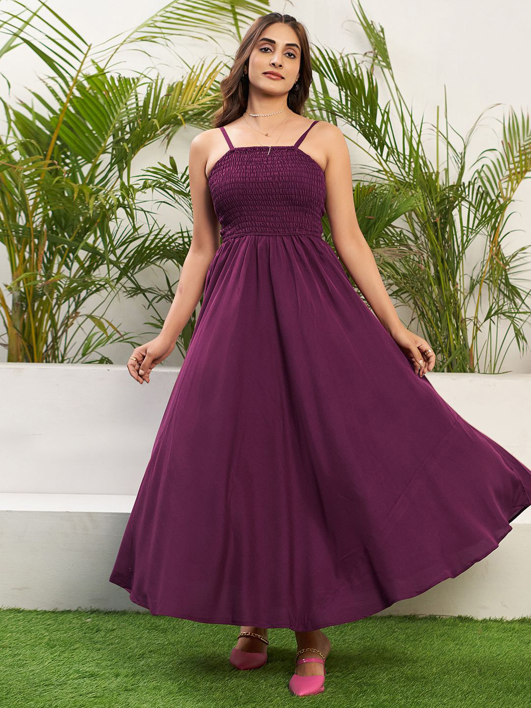 Selvia Shoulder Straps Smocked Fit & Flare Maxi Dress