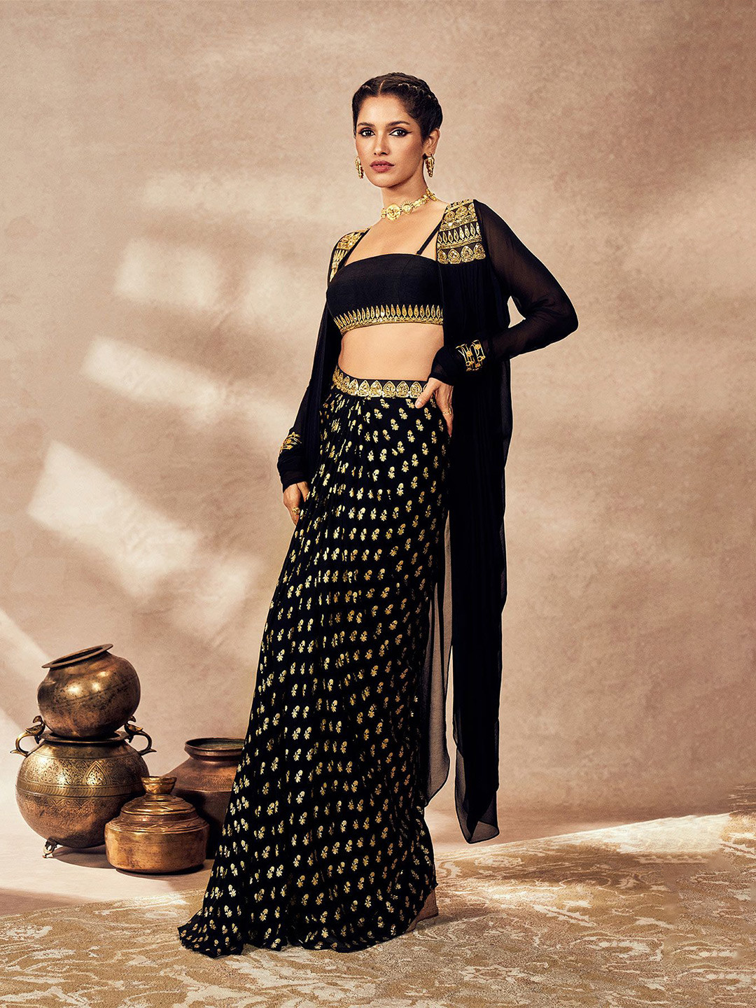 Masaba Pixie Dust Embellished Shoulder Straps Top with Skirt & Shrug