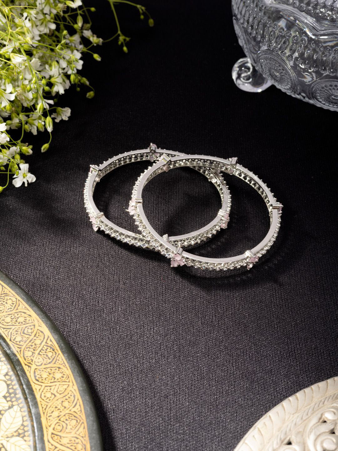 Niscka Set Of 2 Rhodium-Plated American Diamond Bangles