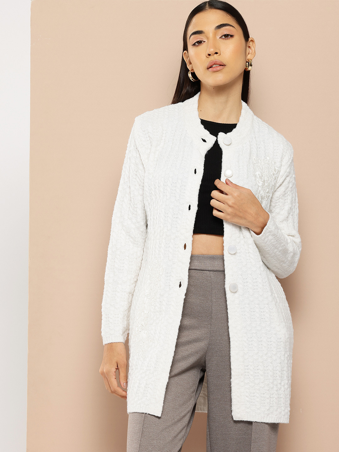 Chemistry Woollen Longline Cardigan with Embroidered Detail