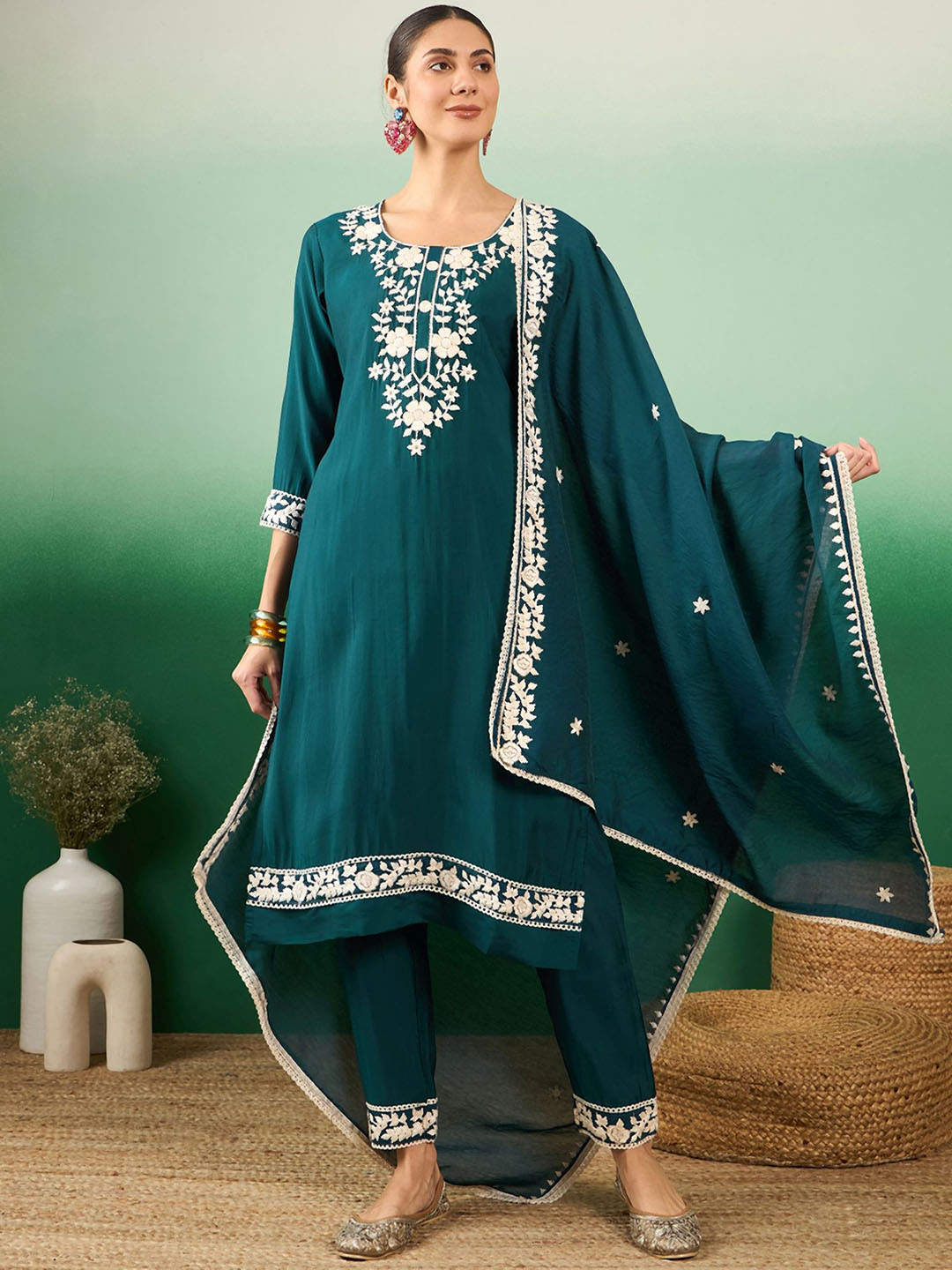 Sangria Teal Green Floral Embroidered Jacquard Straight Kurta With Trousers & Dupatta