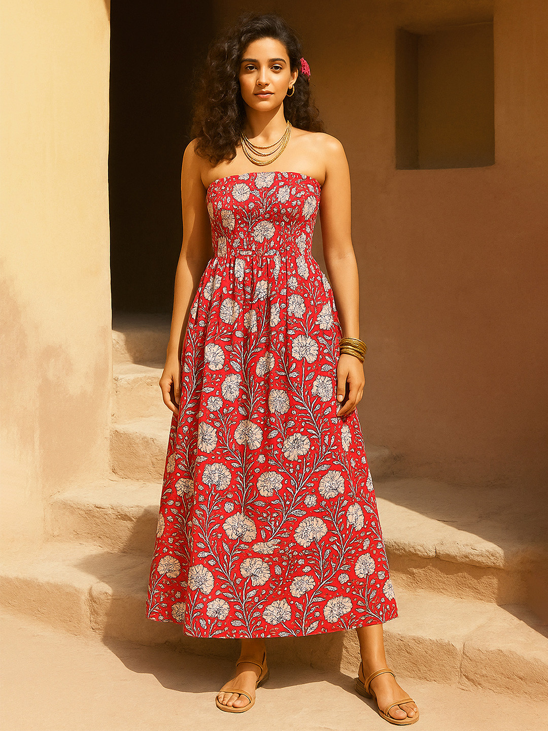 Pink Paprika by SASSAFRAS Floral Print Cotton Off-Shoulder Maxi Dress