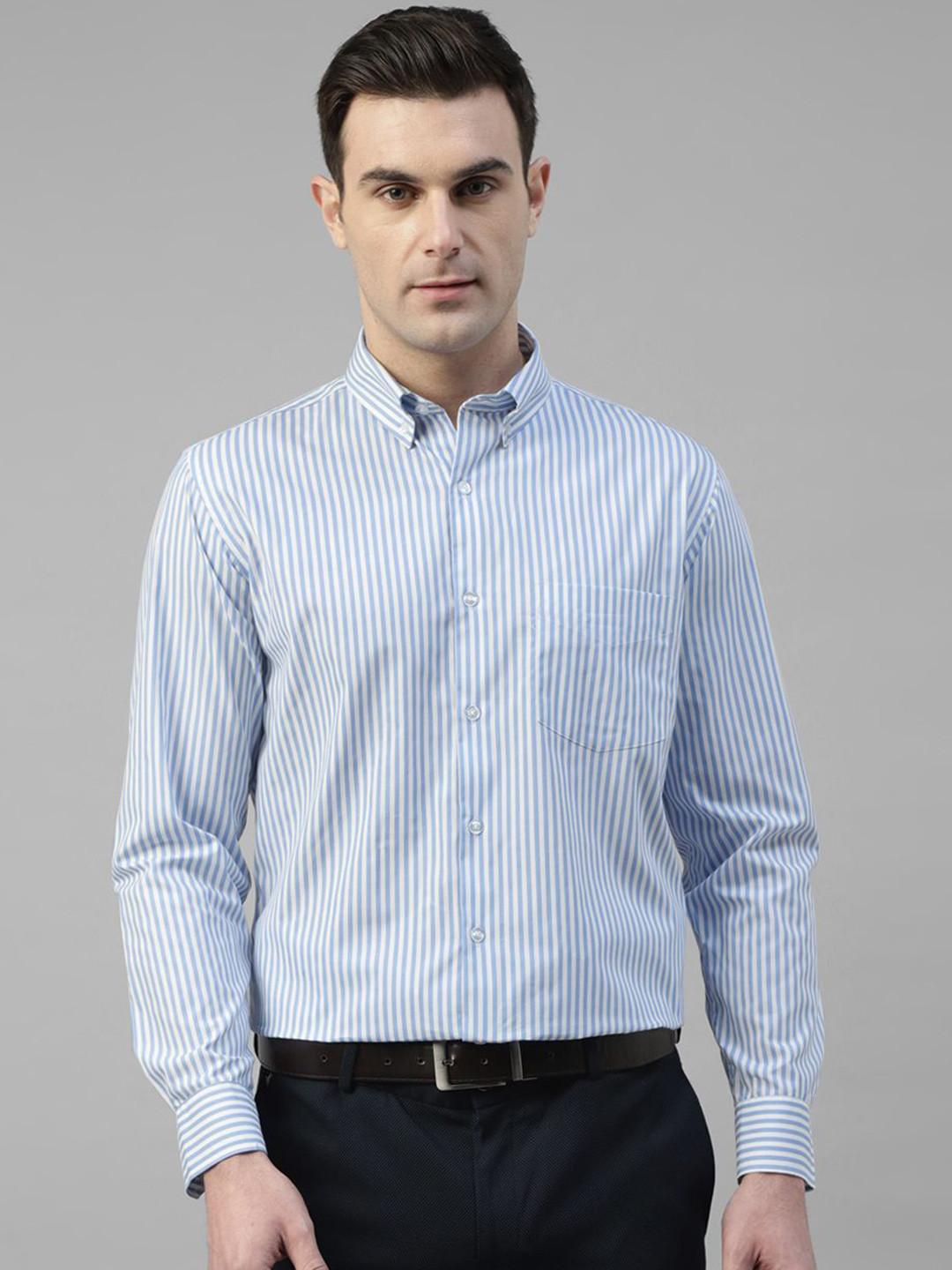 English Navy Men Vertical Stripes Striped Slim Fit Opaque Formal Shirt