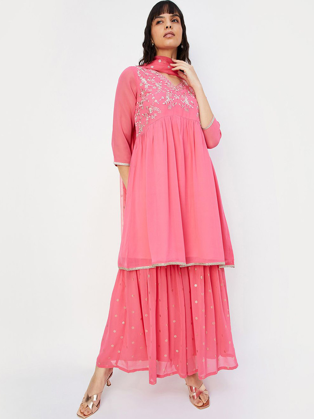 max Yoke Design V-Neck Thread Work Georgette Empire A-Line Kurta With Sharara & Dupatta