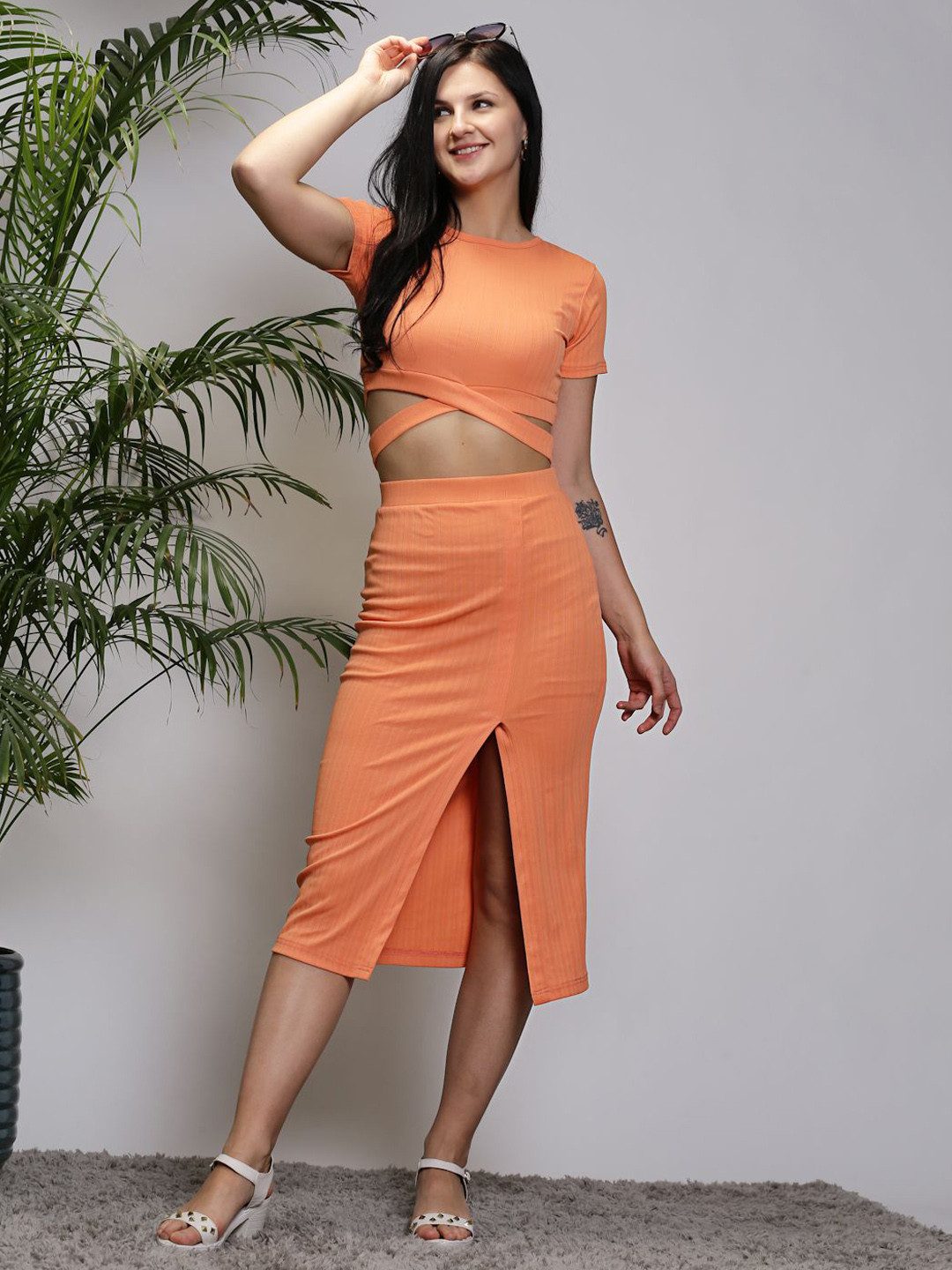 Sera Coral Round Neck Crop Top With Skirt