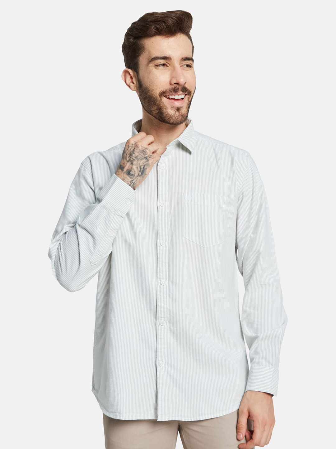 METTLE Men Cotton Self Design Stripes Opaque Casual Shirt