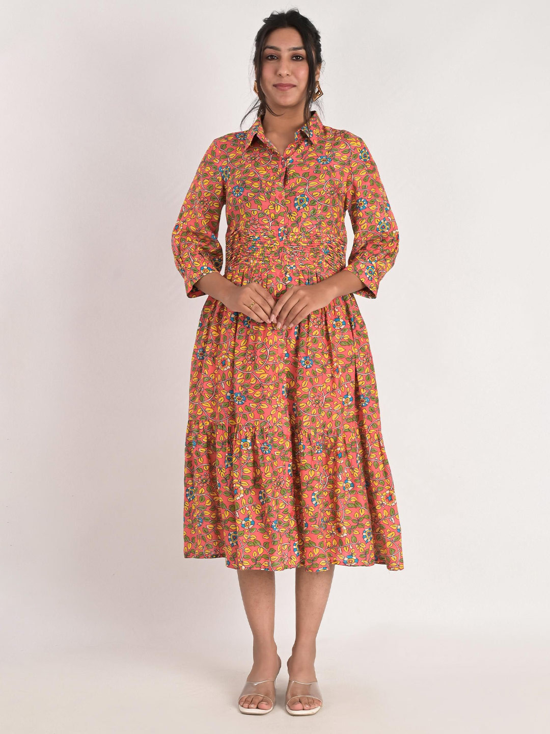 KIZI Women Floral Print Shirt Collar Cuffed Sleeves Fit and Flared Midi Dress