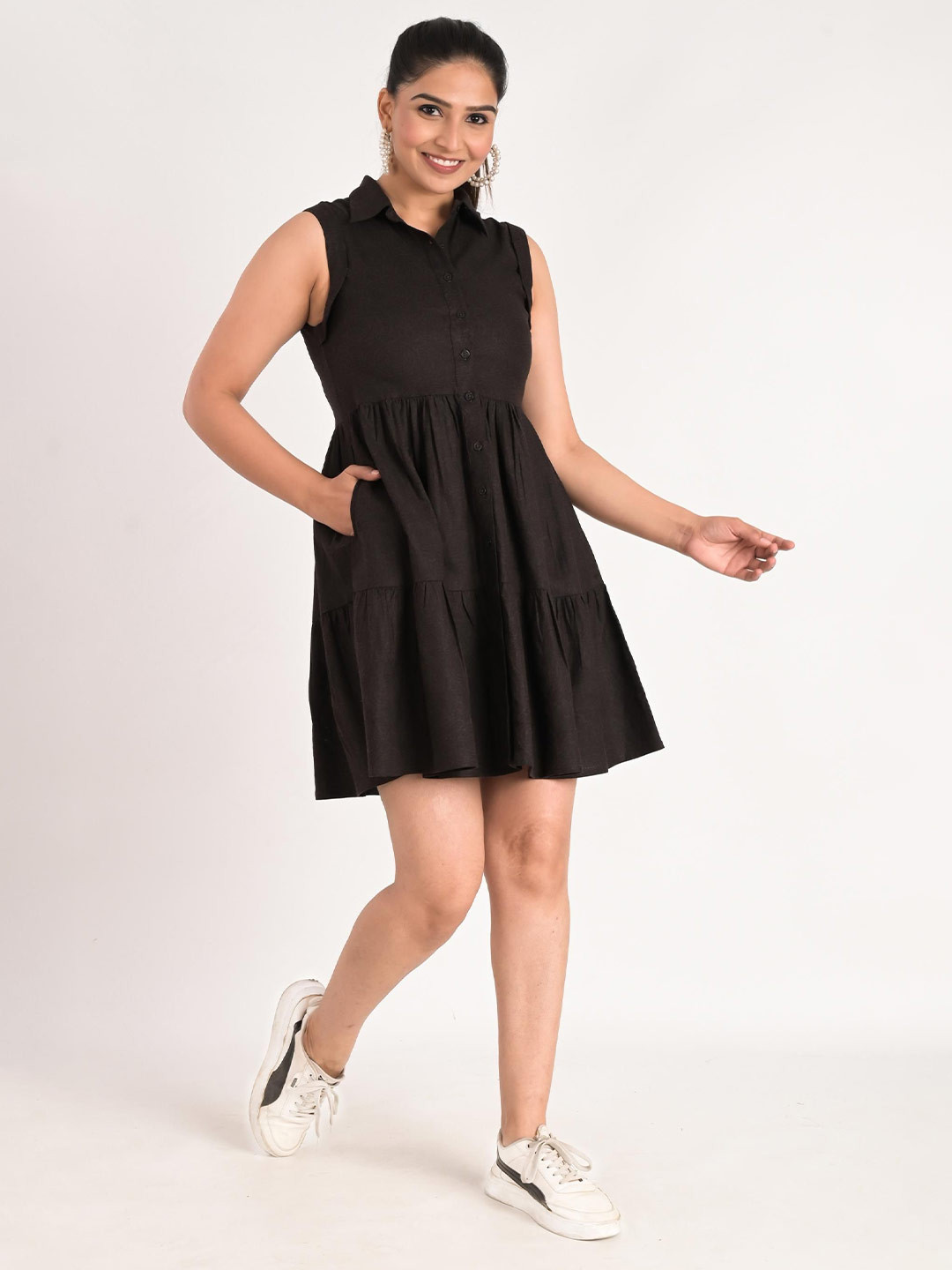 KIZI Shirt Collar Sleeveless Gathered Shirt Dress