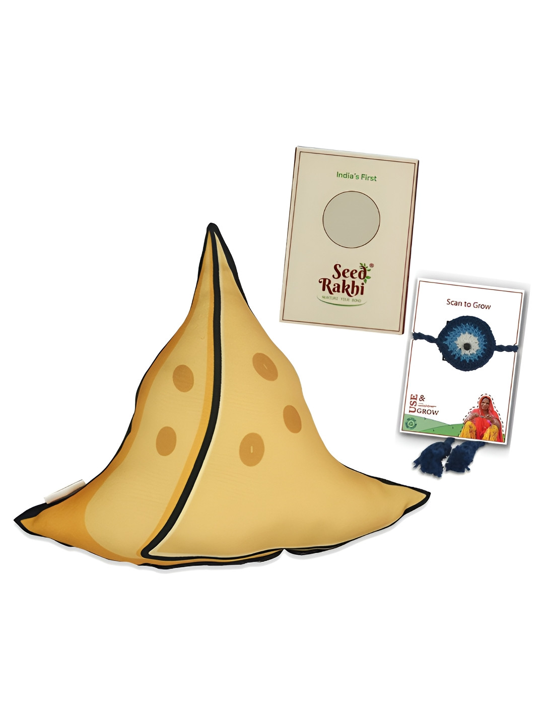 Indigifts Set Of 2 Evel Eye Rakhi & Samosa Shape Cushion