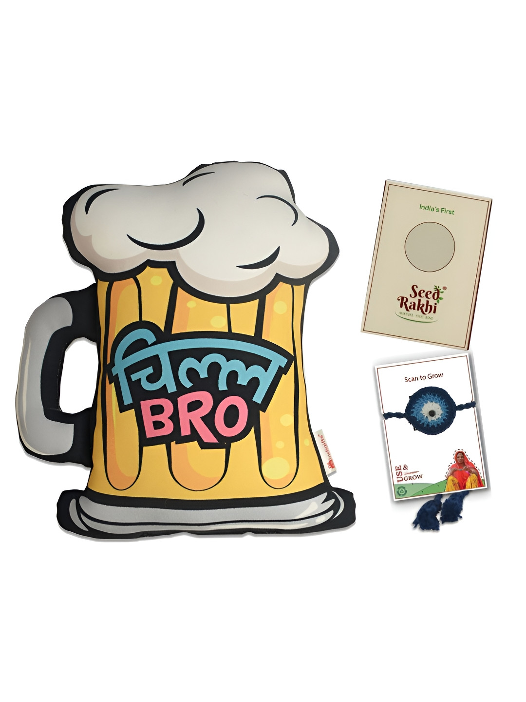 Indigifts Brother Rakhi With Chill Bro Shape Cushion