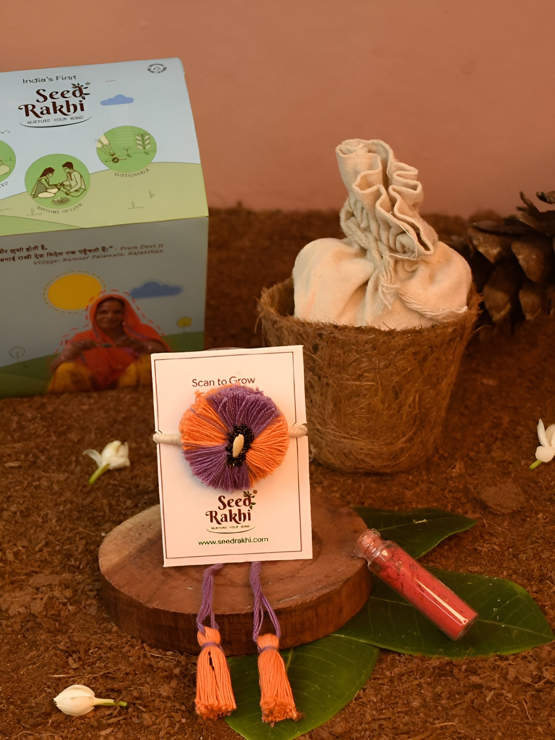 Indigifts Set Of 2 Seed Rakhi With Planter & Roli