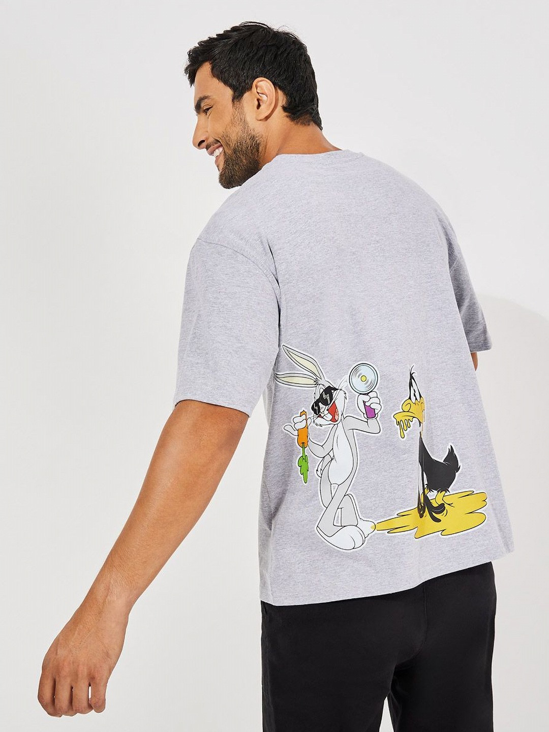 Styli Men Looney Tunes Front and Back Graphic Print Compact Jersey Oversized T Shirt