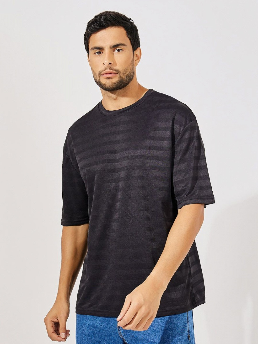 Styli Men Black Self Stripe Stretch Knit Oversized Crew Neck T-Shirt
