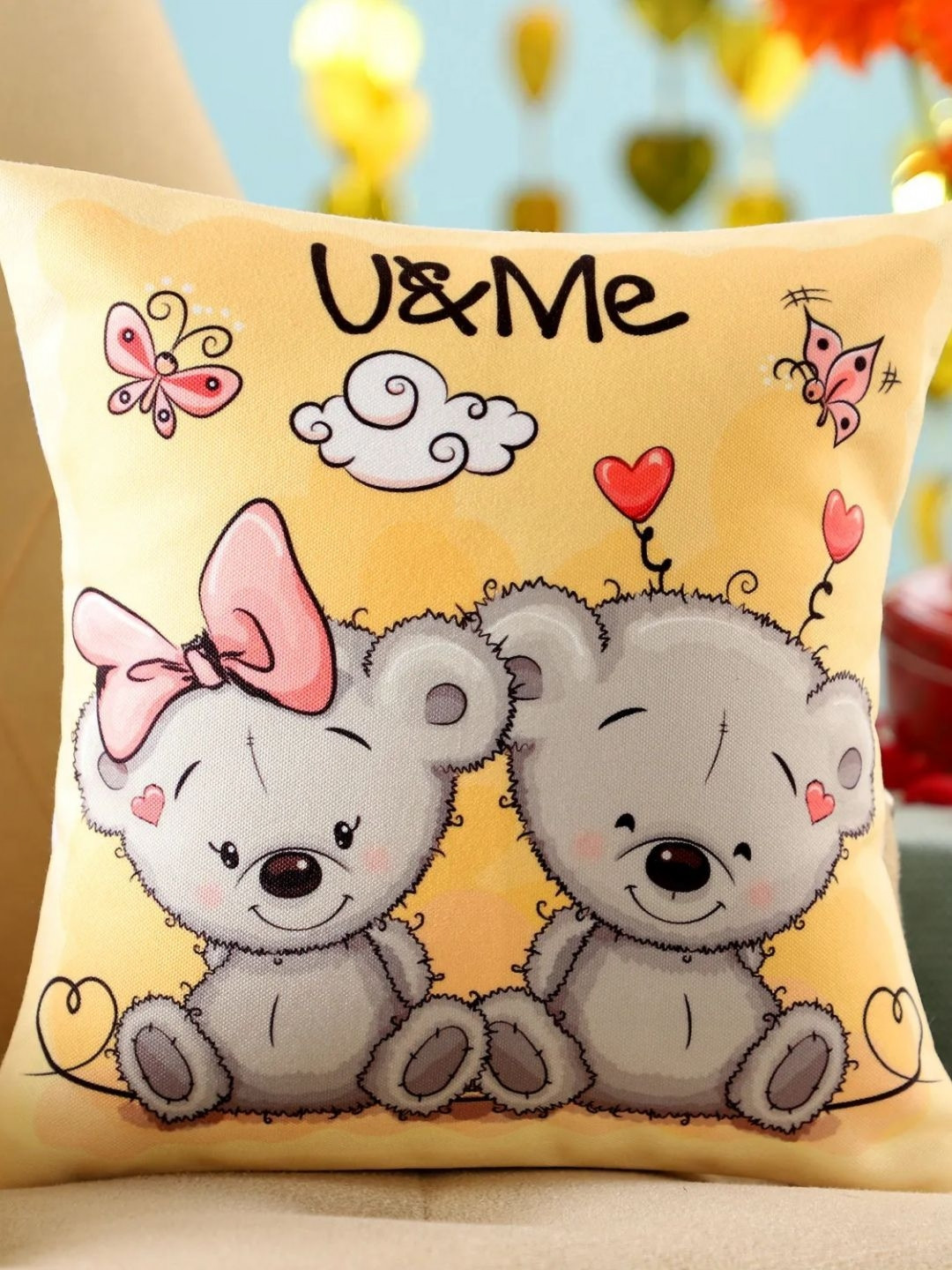 fnp White & Yellow U And Me Printed Square Pre Filled Cushions