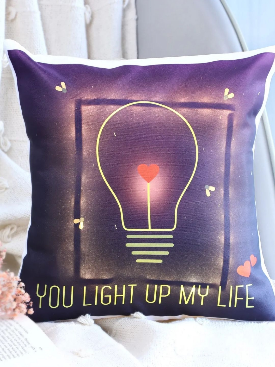 fnp Purple & Yellow Heart Glow Printed Pre-Filled Cushion