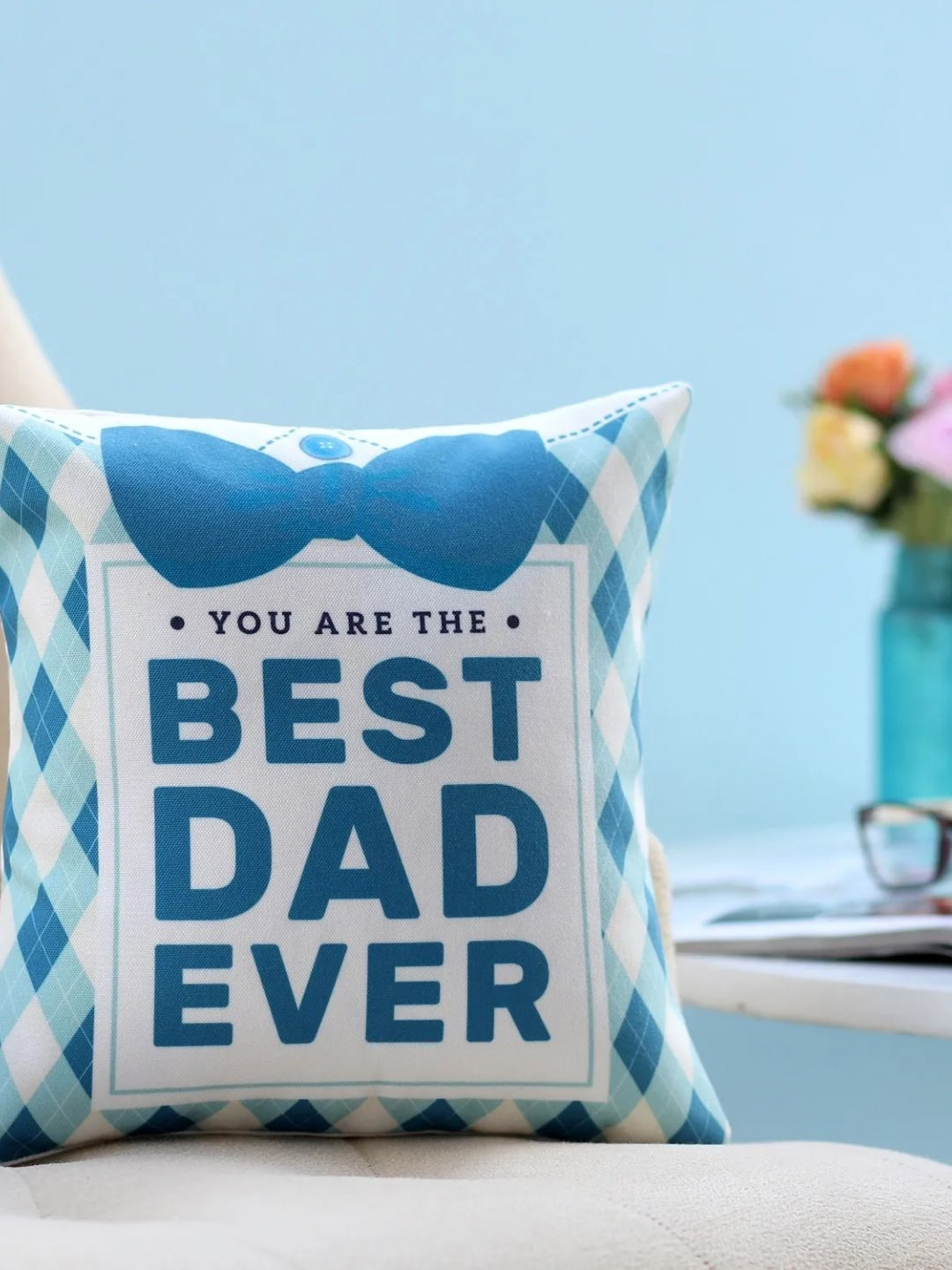 fnp White & Blue Best Dad Ever Printed Square Pre Filled Cushion