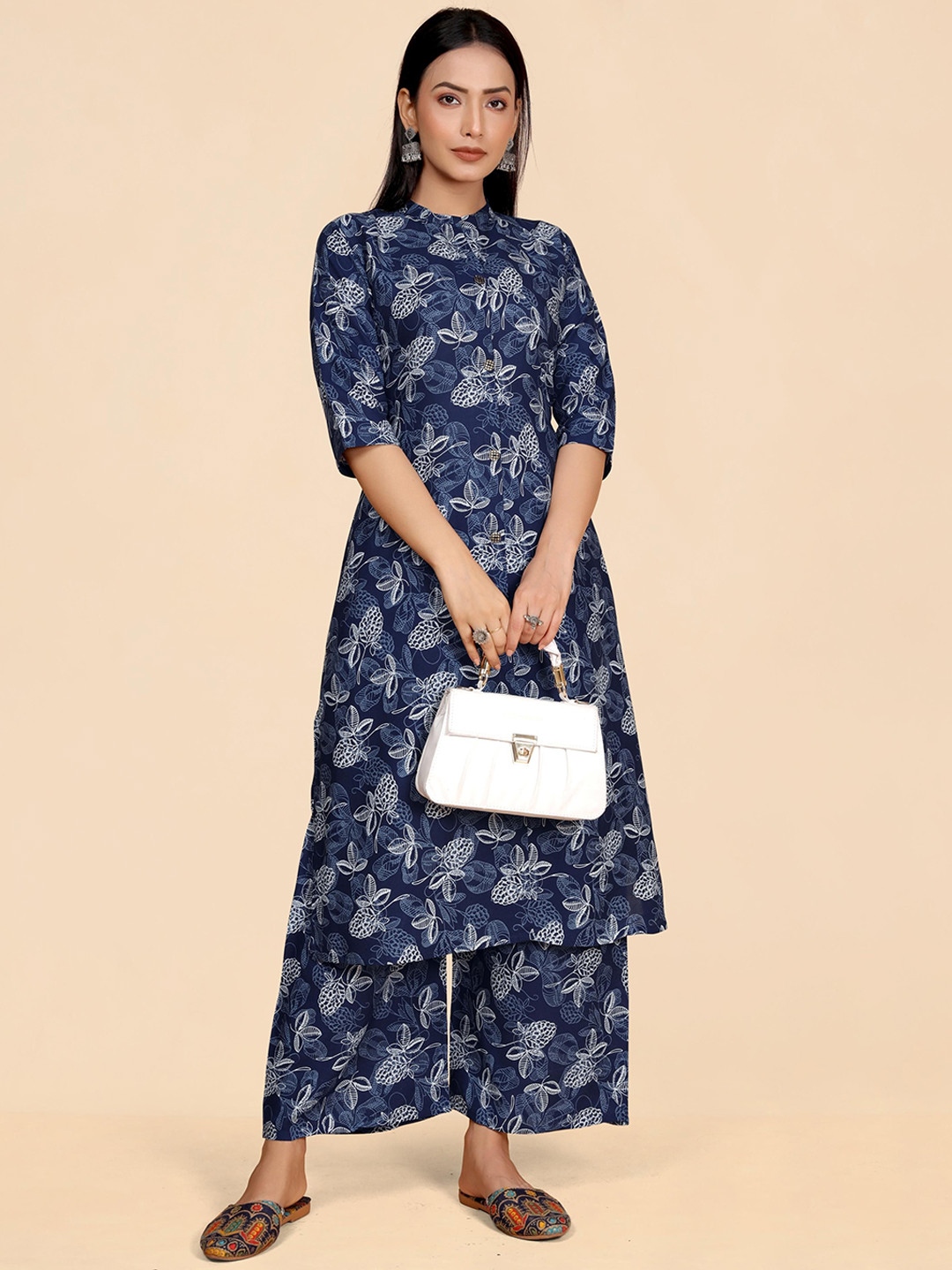 WINE LADY Floral Printed Mandarin Collar Straight Kurta With Palazzos