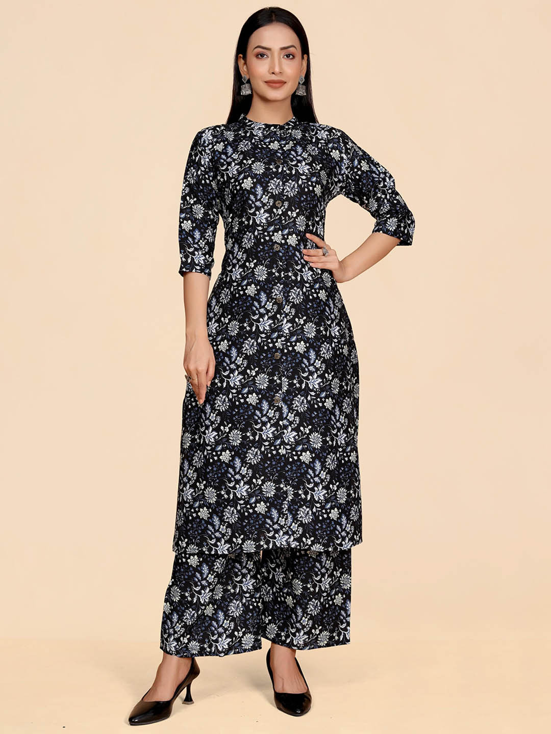 WINE LADY Ethnic Motifs Printed Mandarin Collar Straight Kurta with Palazzos