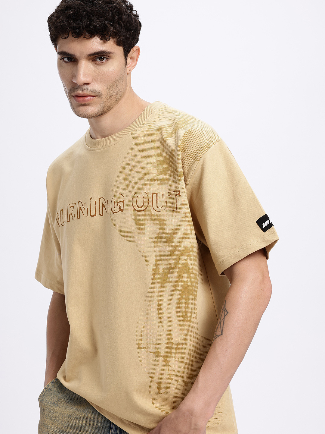 Beige Typography Print Relaxed Fit T-shirt