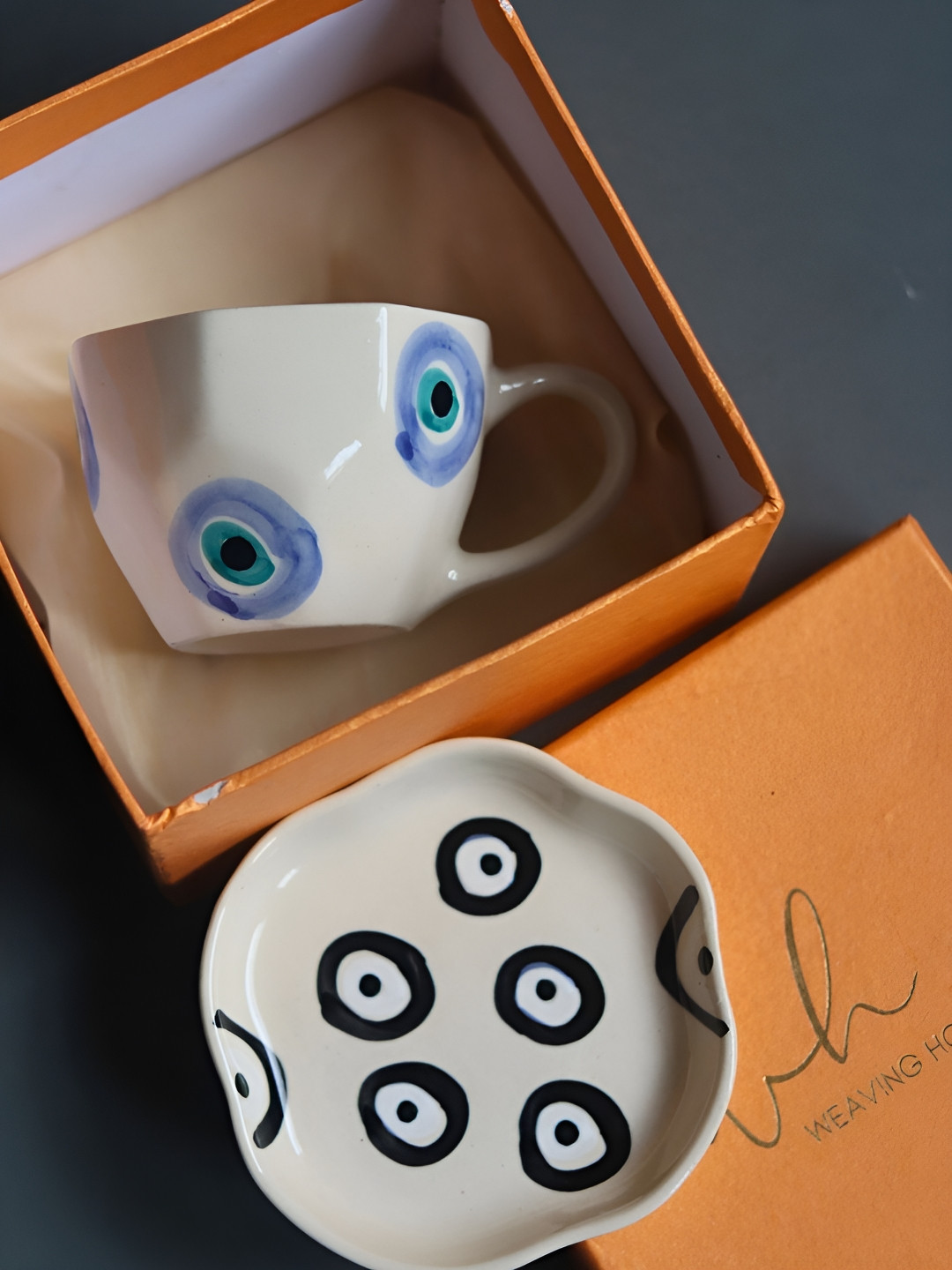 WEAVING HOMES White Conversational Ceramic Microwave Safe Cup with Dessert Plate-220ml