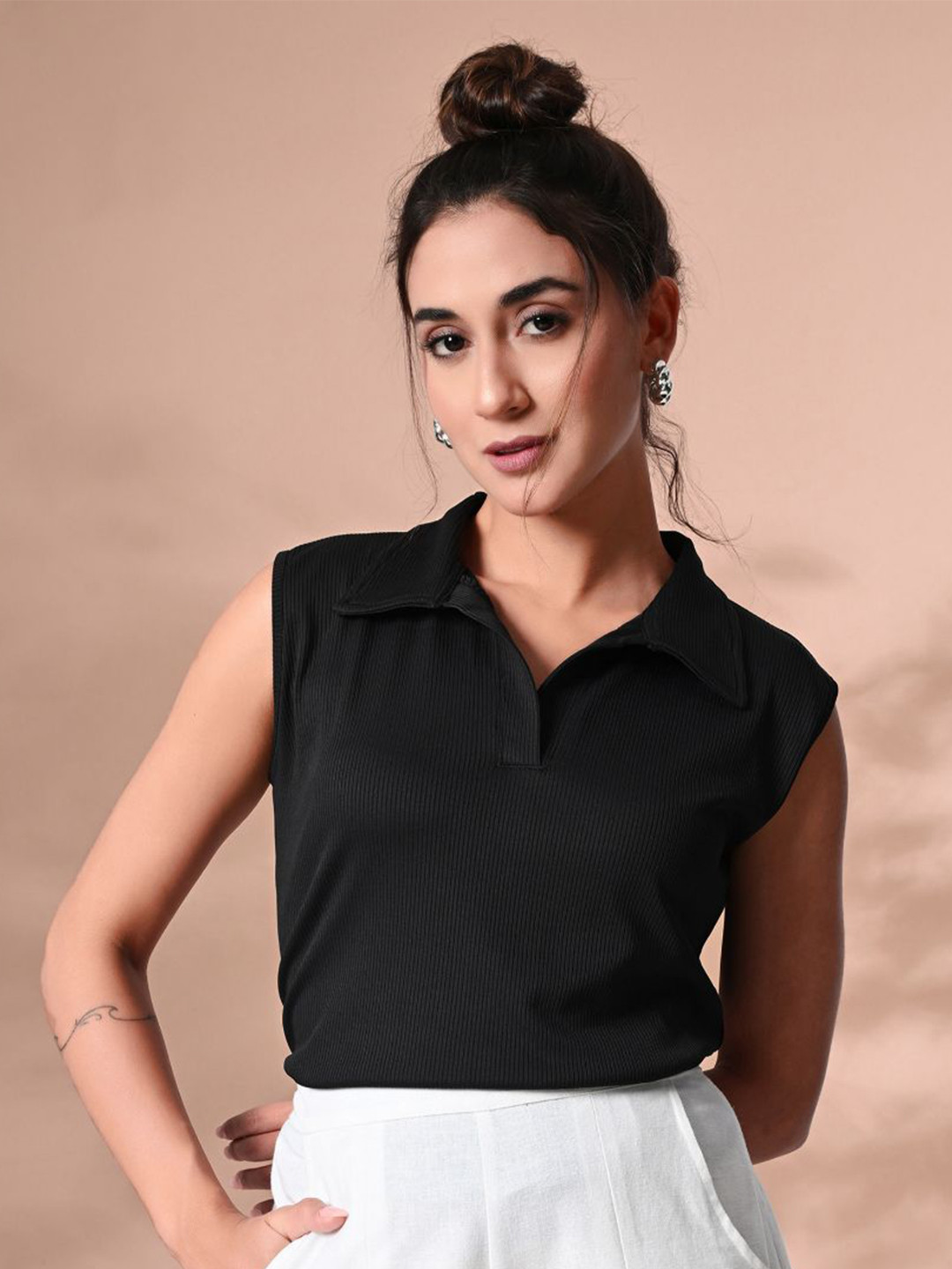 IUGA Women Sleeveless Shirt Collar Ribbed Top