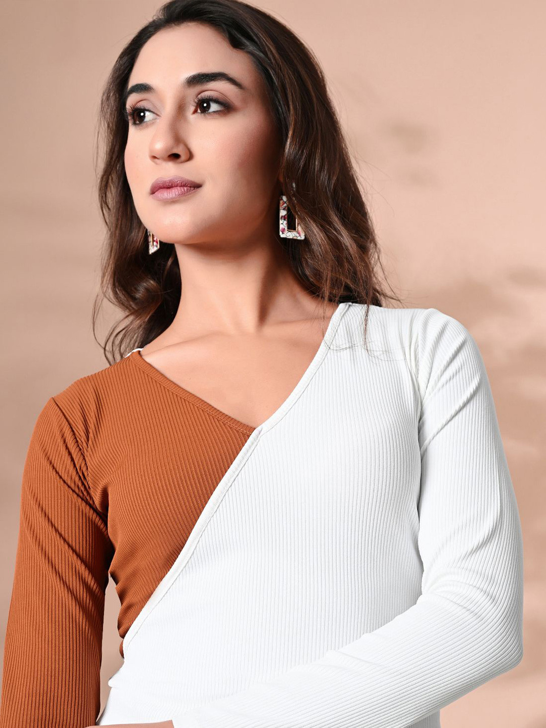 IUGA Women V-Neck Colourblocked Long Sleeves Casual Top