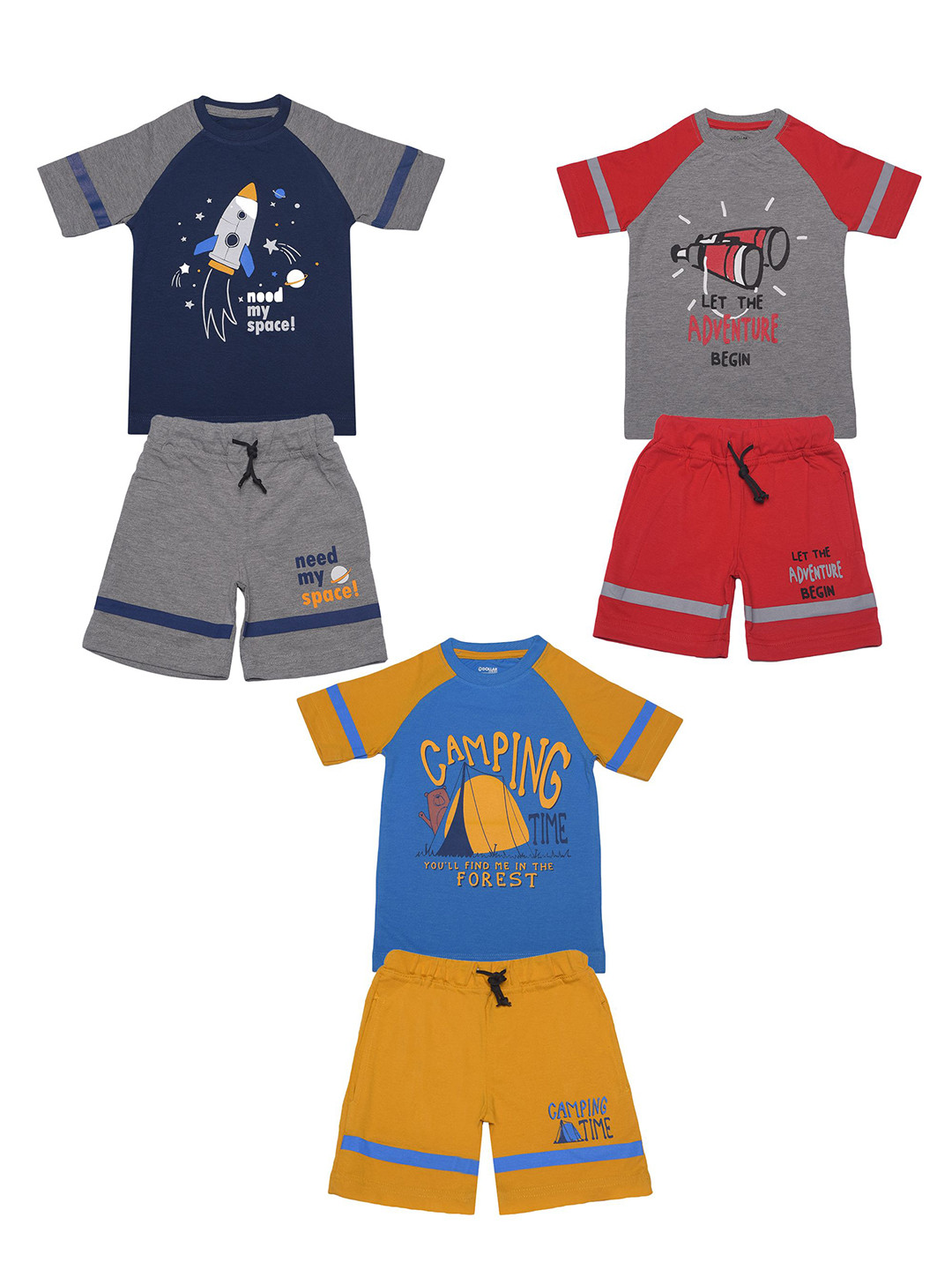 Dollar Champion Kidswear Boys Pack Of 3 Assorted Printed Pure Cotton T-shirt with Shorts