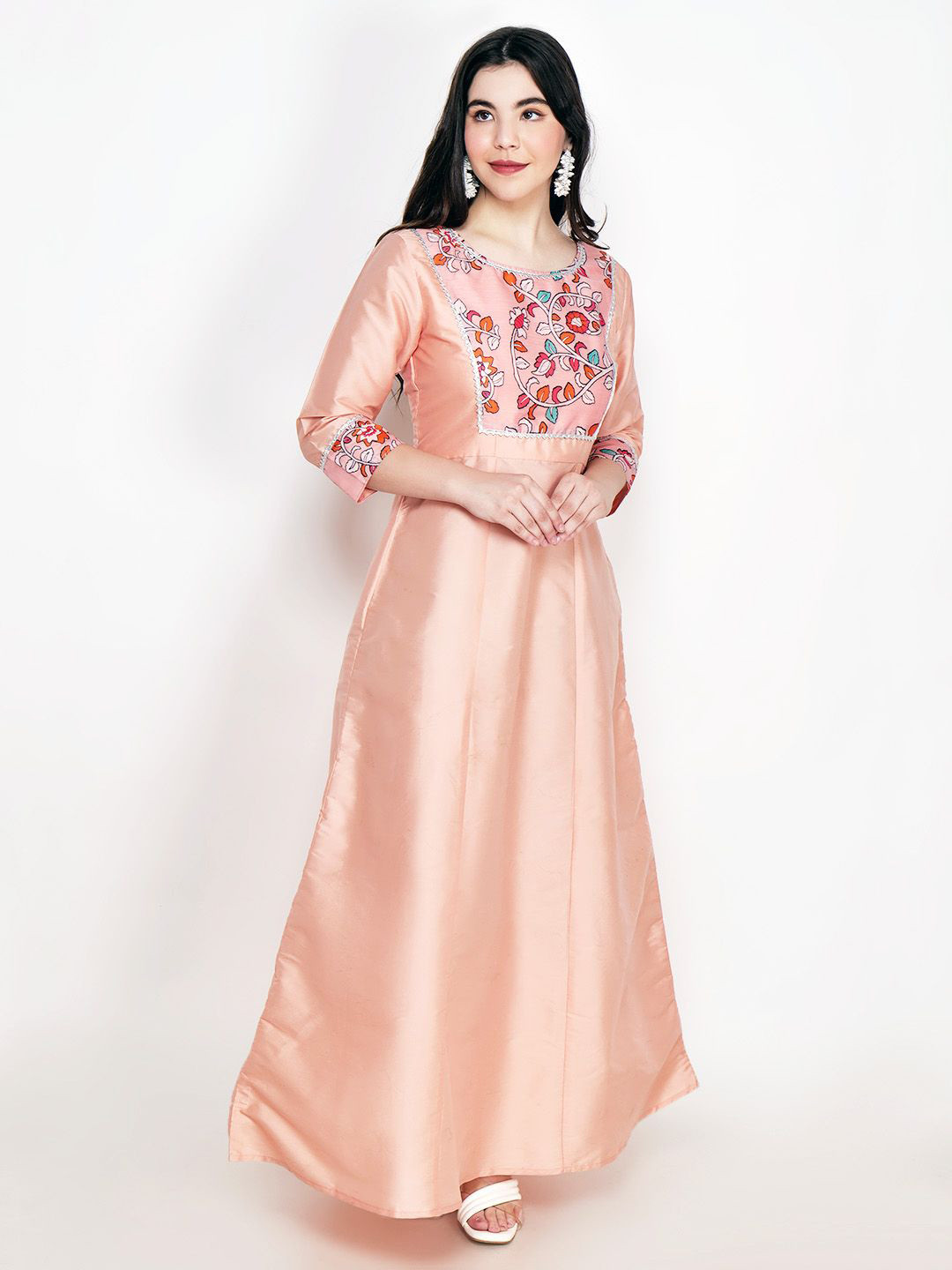 Frolic Rolic Printed Patch work Silk Maxi Ethnic Dress