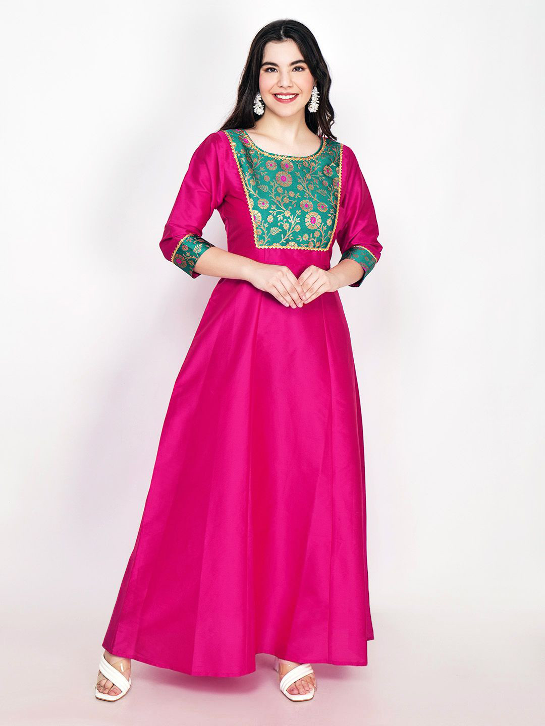 Frolic Rolic Magenta Pink Jacquard Patch work Silk Blend Maxi Ethnic Dress