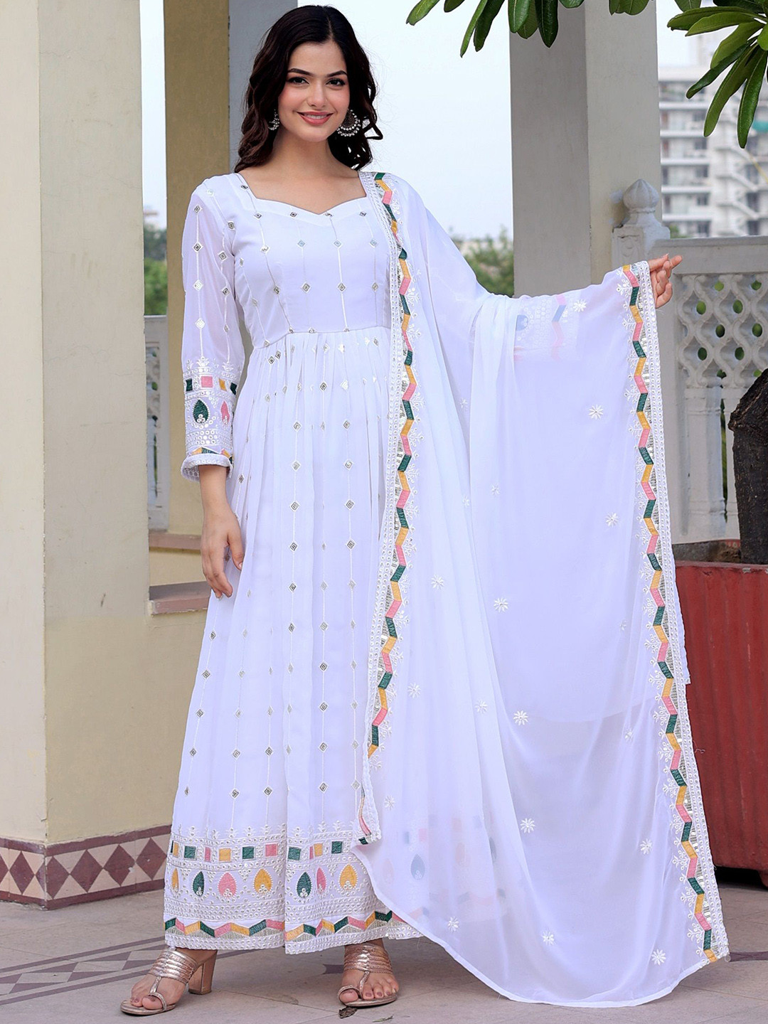 Ethnic Yard  Embroidered Flared Maxi Ethnic Dress with Bottom And Dupatta Set