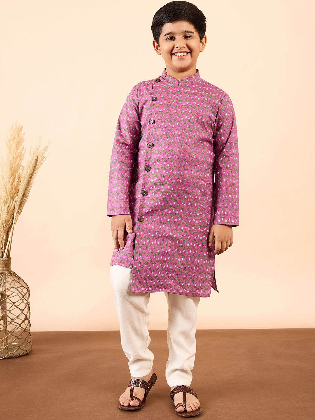 StyloBug Boys Floral Printed Mandarin Collar Angrakha Kurta with Pyjamas