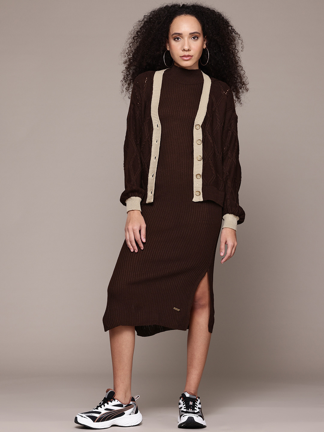 The Roadster Lifestyle Co. Ribbed Jumper Midi Dress with Cardigan