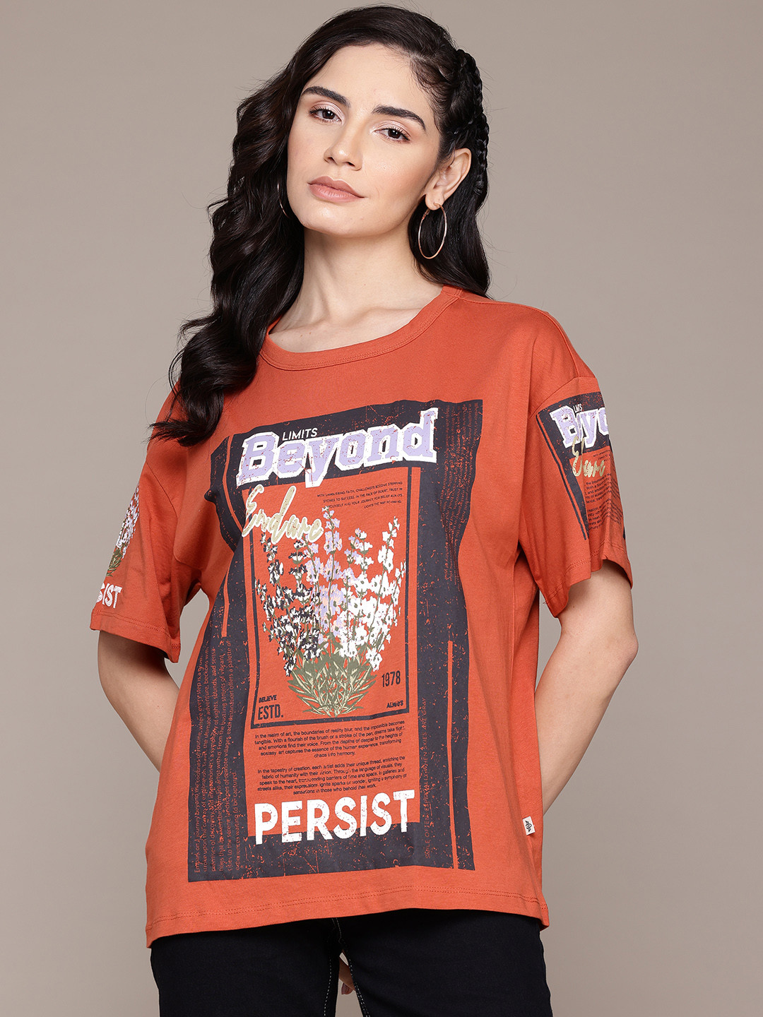 Roadster Pure Cotton Graphic & Typography Printed Drop-Shoulder Sleeves T-shirt