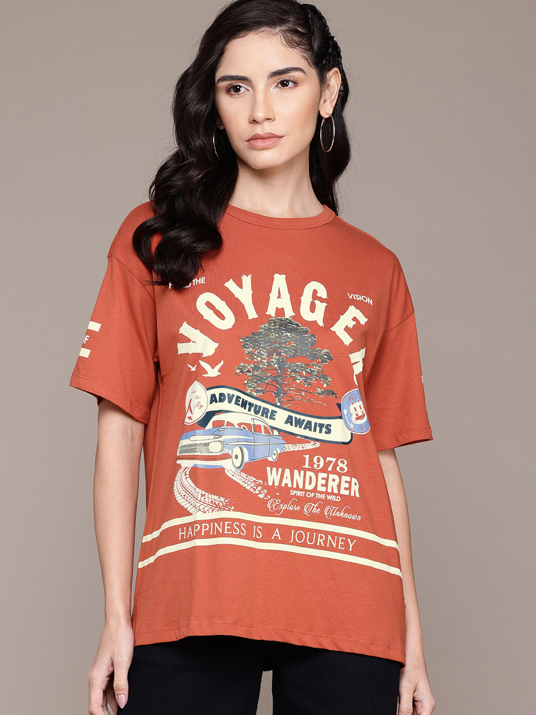 Roadster Pure Cotton Moto Style Graphics & Typography Drop-Shoulder T-shirt