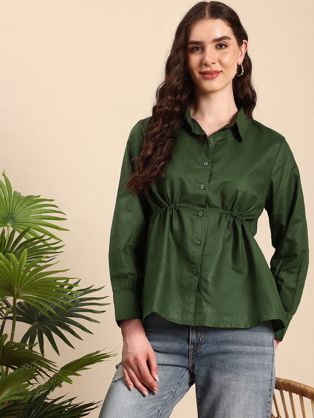 Mast & Harbour Opaque Ruched Tie-Up Back High Slit Casual Shirt