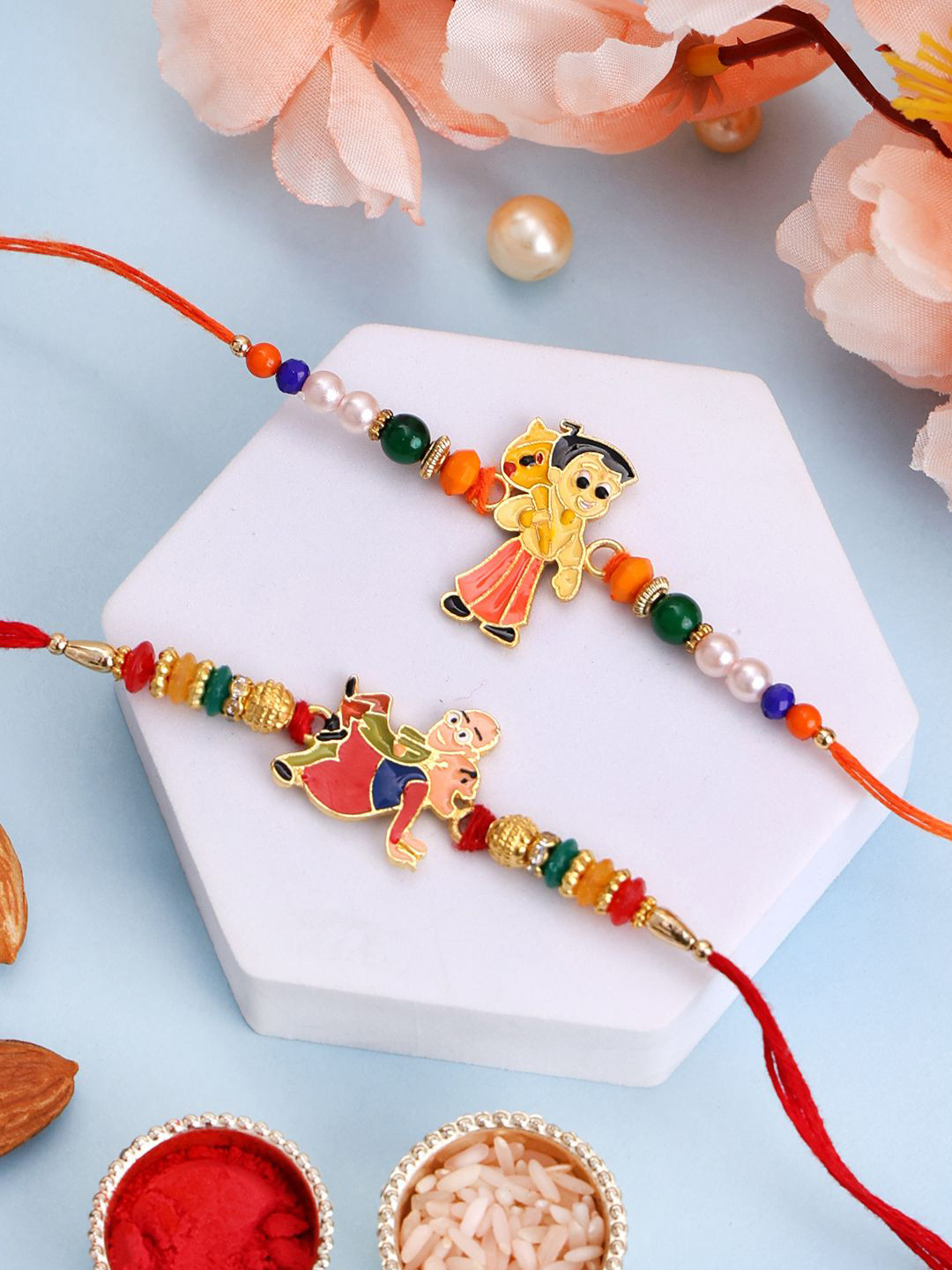 PANASH Kids Set Of 2 Motu Patlu & Hanuman Gold Plated Thread Rakhis With Roli Chawal