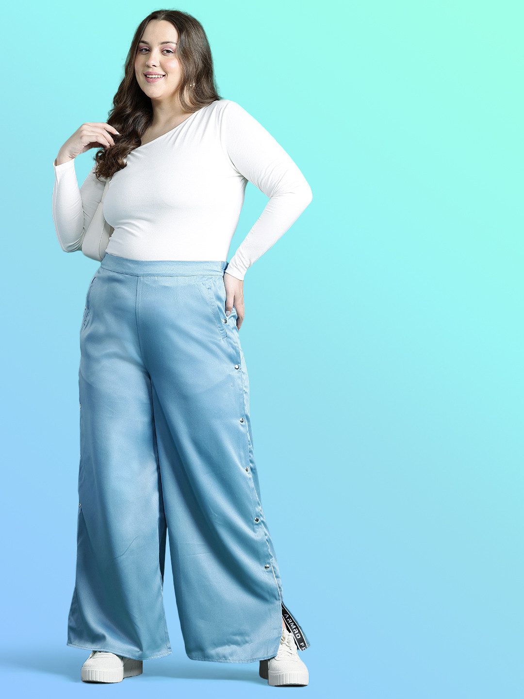 DressBerry Curve Women Button Detail Satin Finish Trousers