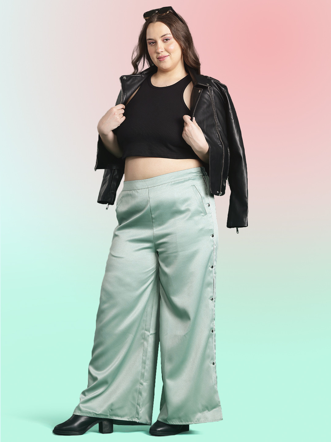 DressBerry Curve Women Button Detail Satin Finish Trousers