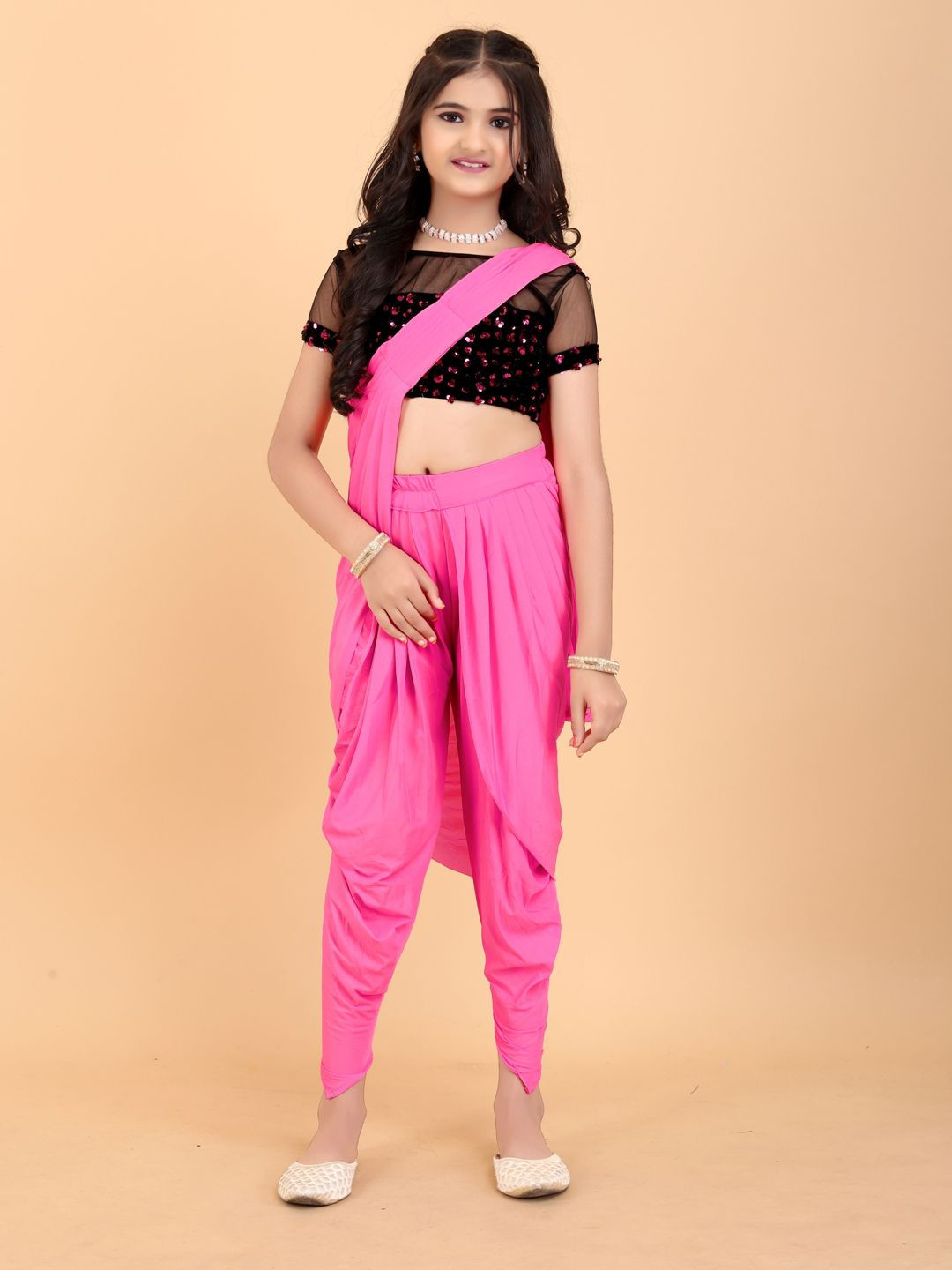 BAESD Girls Solid Dhoti Saree with Sequinned Blouse