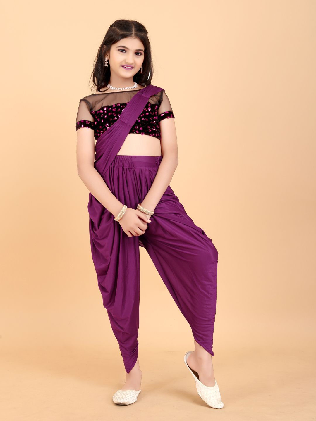 BAESD Girls Solid Dhoti Saree with Sequinned Blouse