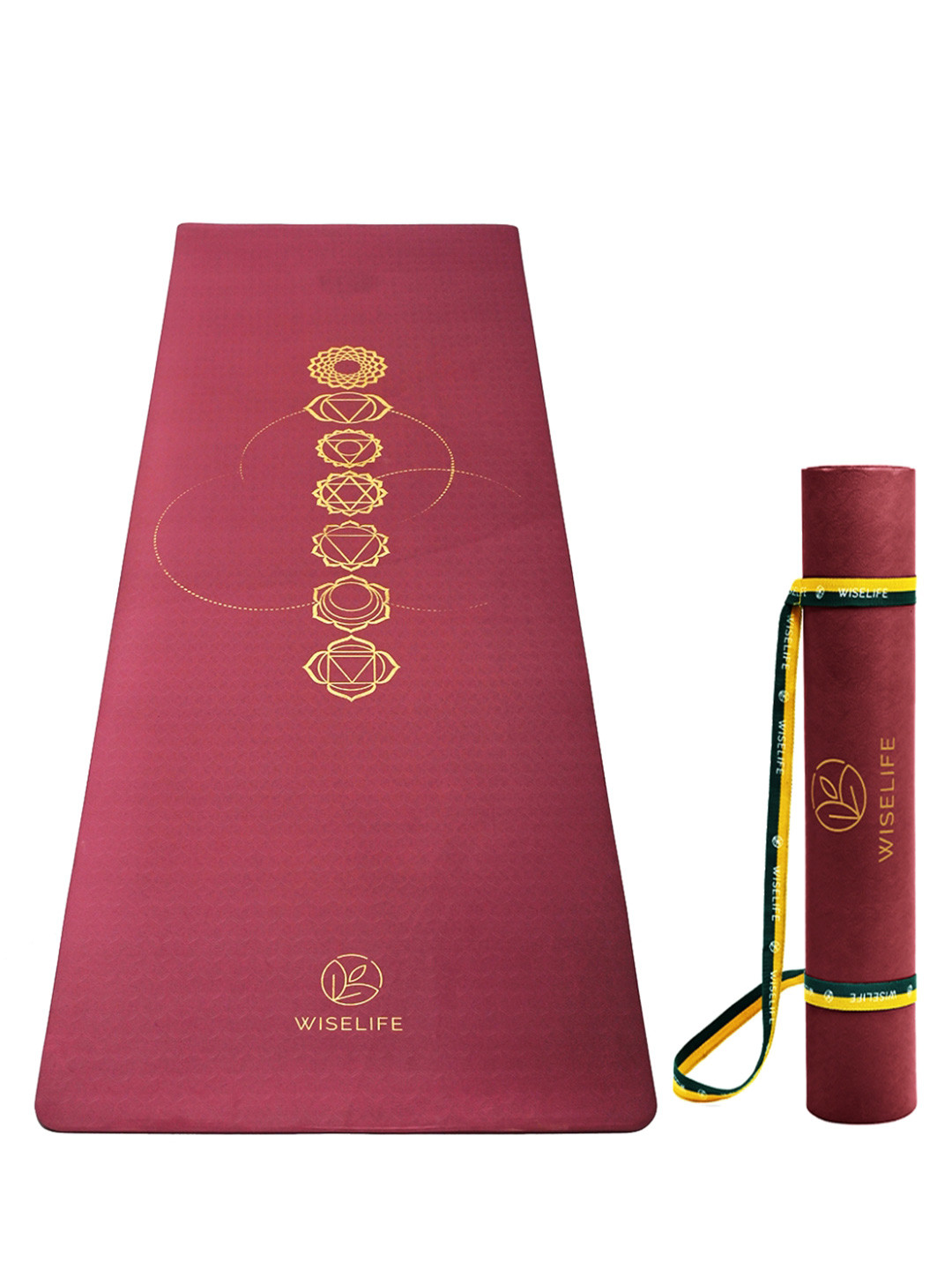 WiseLife 7 Chakra Maroon & Yellow Printed Anti Skid Yoga Mat & Yoga Strap