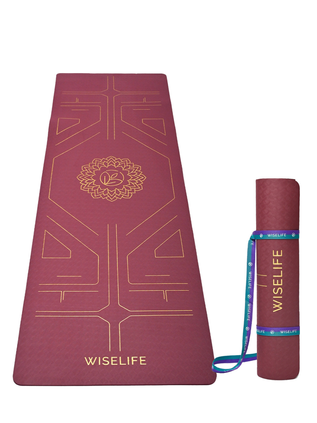 WiseLife Maroon & Gold Toned Printed Rectangular Anti-Skid Yoga Mat With Sleek Strap