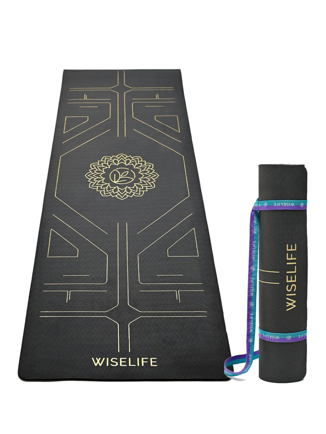 WiseLife Black & Gold Toned Printed Rectangular Anti-Skid Yoga Mat With Sleek Strap