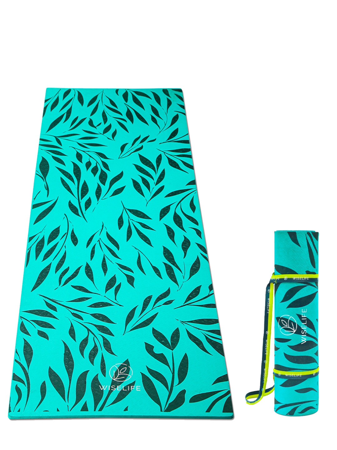 WiseLife Turquoise Blue & Green Printed Rectangular Anti-Skid Yoga Mat & Yoga Strap