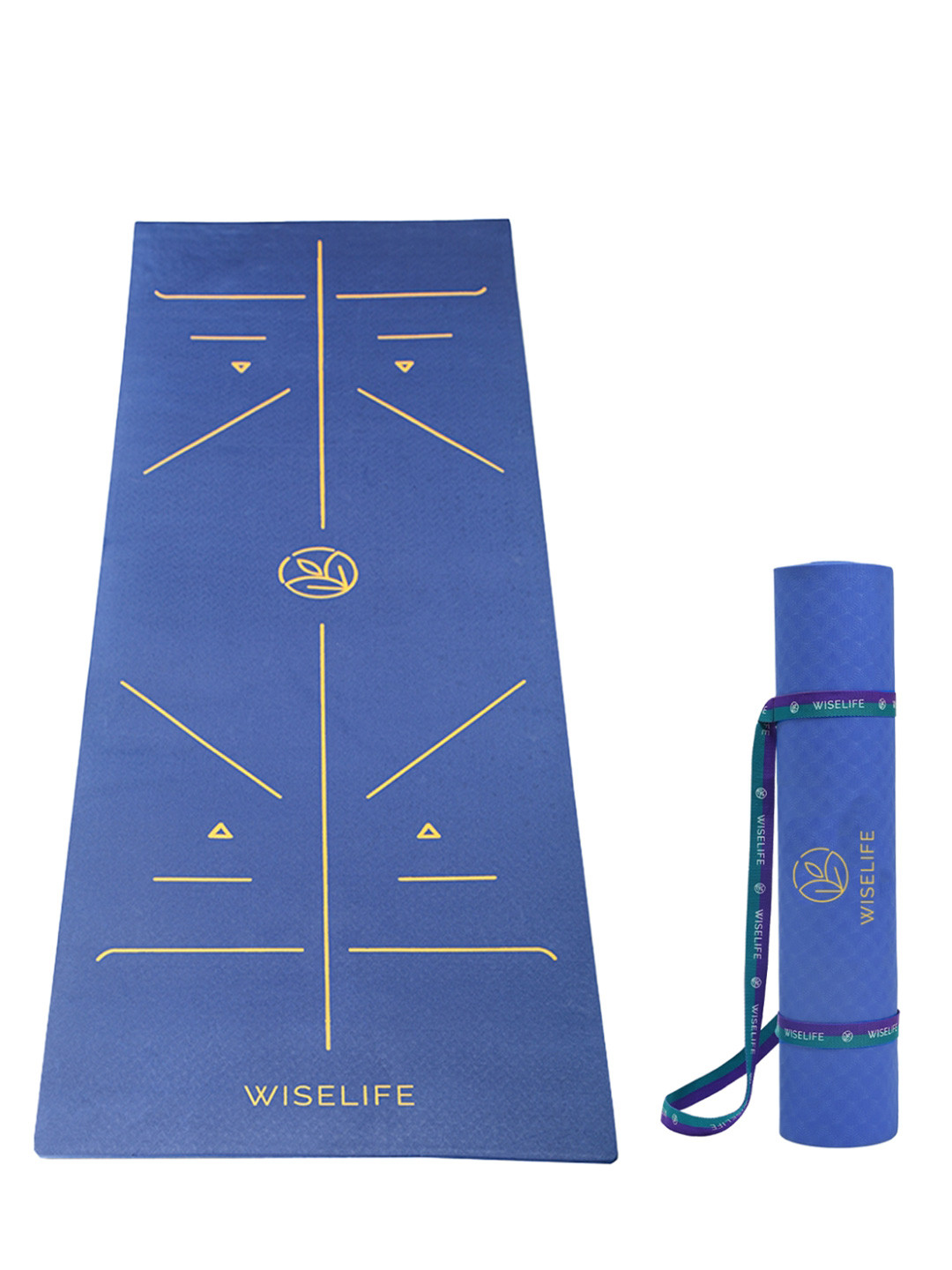 WiseLife Blue & Gold Toned Printed Rectangular Anti-Skid Yoga Mat With Sleek Strap