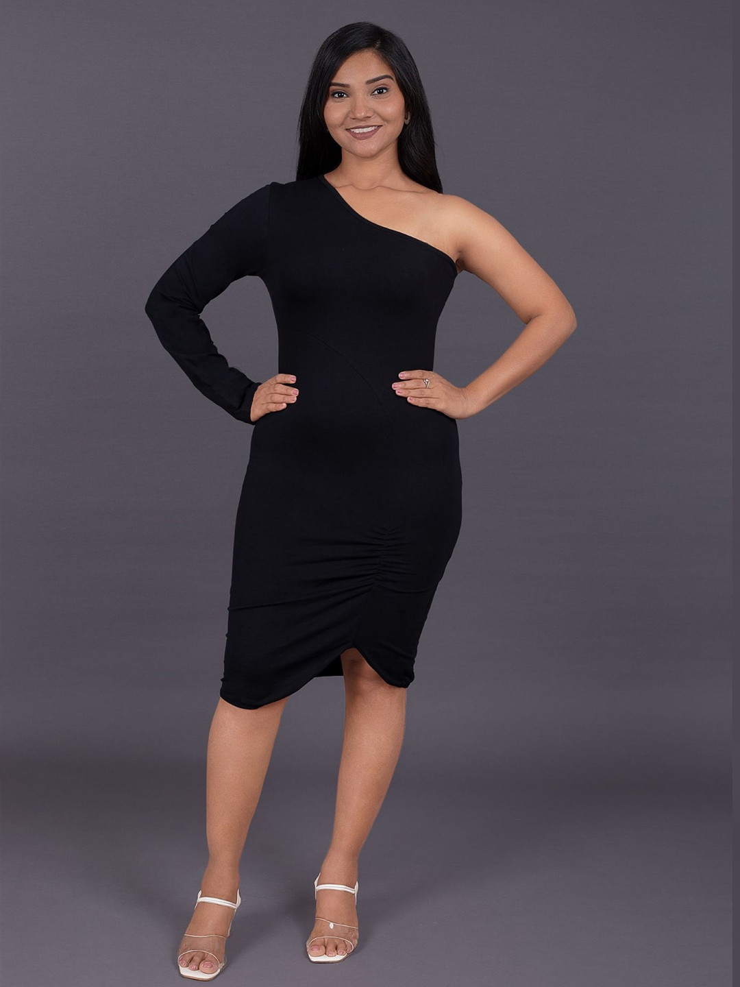 La Aimee Solid One Side Shoulder Regular Fit Mini Short Dress