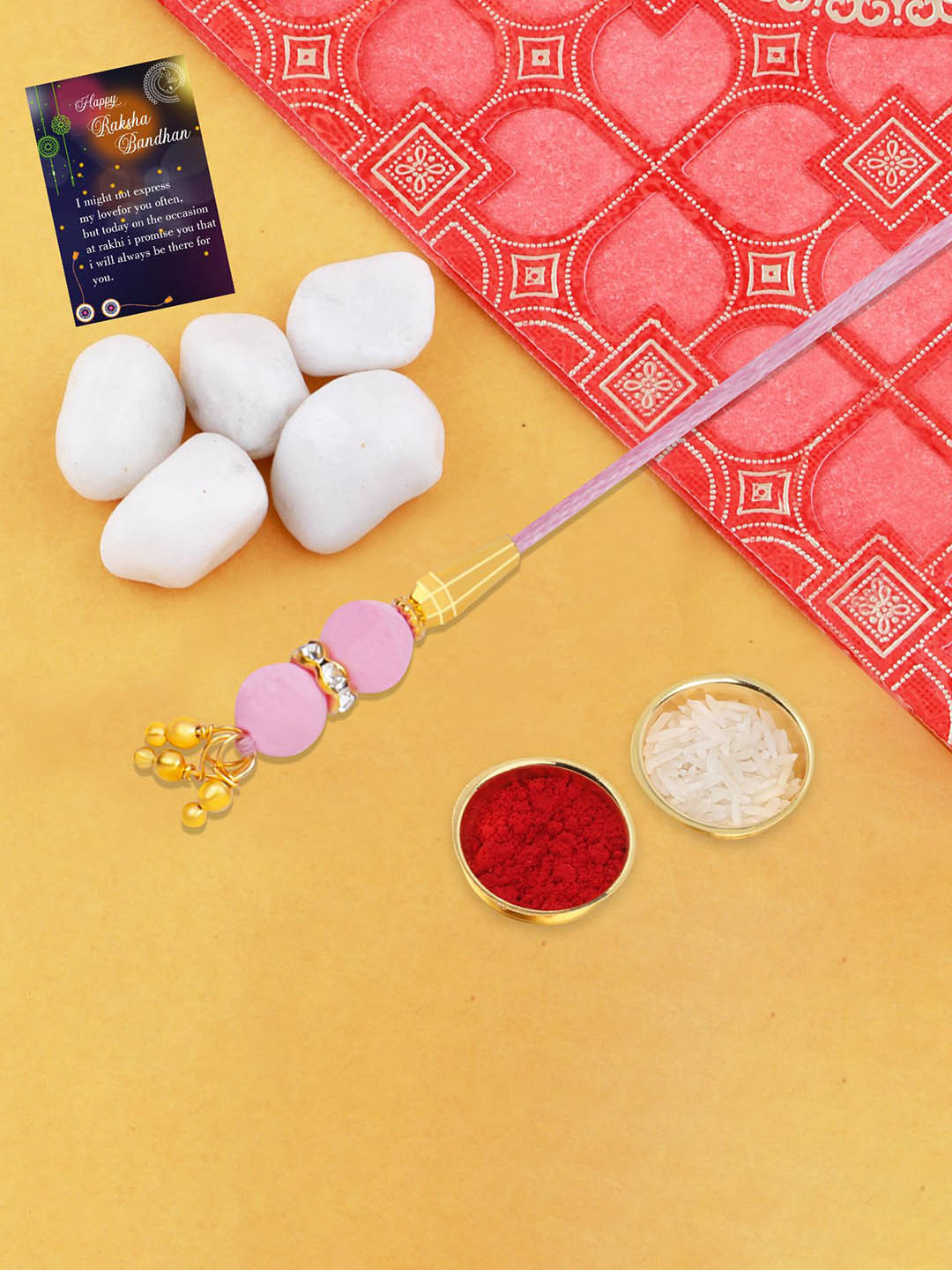 Silver Shine Set of 2 Beaded Thread Rakhi With Roli Chawal & Kankawati Pooja Thali