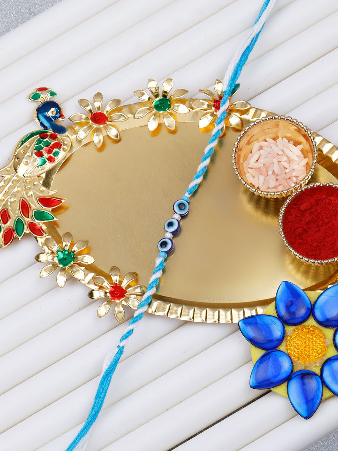 Silver Shine Set of 2 Evil Eye Beaded Rakhi With Roli Chawal & Kankawati Pooja Thali